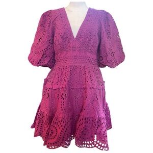 NWT Cynthia Rowley V-Neck Puff Sleeve Eyelet Dress. Color Purple Wine. Size 14.